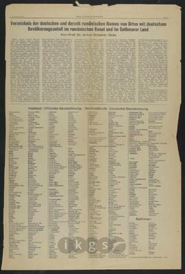 Werke Dritter: Scherer, Anton: Verzeichnis der deutschen und derzeit rumänischen Namen von Orten mit deutschem Bevölkerungsanteil im rumänischen Banat und im Sathmarer Land, in: Der Donauschwabe, 1. November 1970