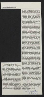 Materialsammlung: Rezensionen zu Werken Dritter von Dritten - Alfred Hönig: Zwischen Mächten und Dogmen. Odyssee eines siebenbürgisch-sächsischen Journalisten