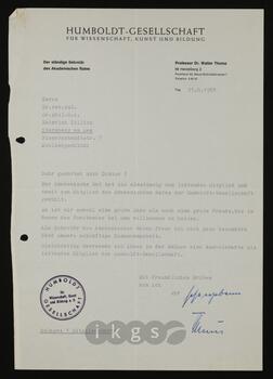 Korrespondenz mit Thoms, Walter (Humboldt-Gesellschaft für Wissenschaft, Kunst und Bildung)