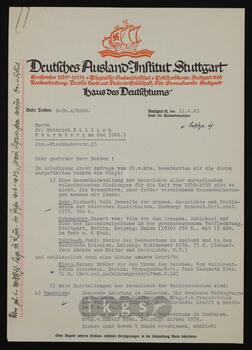 Korrespondenz mit Albrecht, N.N. (Deutsches Auslands-Institut Stuttgart)