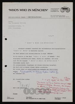 Korrespondenz mit Bresser, I. (Who’s Who Redaktion, Verlags-Gesellschaft für biographische Enzyklopädien mbH)