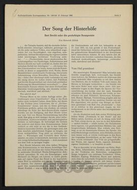 Werke Zillichs als Verfasser: Aufsätze und sonstige Arbeiten - Der Song der Hinterhöfe. Bert Brecht oder die geohrfeigte Bourgeoisie/Zum Bert Brecht-Kult/… und die Geohrfeigten applaudieren