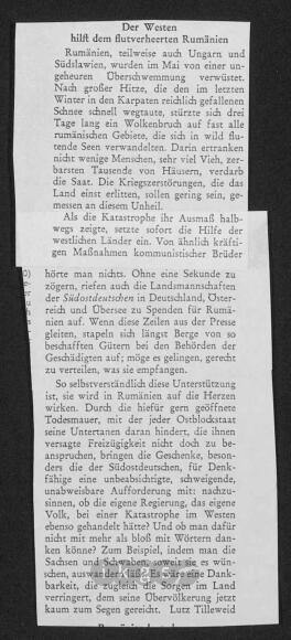 Werke Zillichs als Verfasser: Ausätze - Der Westen hilft dem flutverheerten Rumänien
