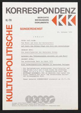 Materialsammlung: Thematische Sammlung zu Zeitungen und Zeitschriften - Kulturpolitische Korrespondenz. Berichte, Meinungen, Dokumente