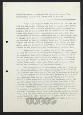 Materialsammlung: Thematische Sammlung - Anschlußerklärung an Rumänien des Zentralausschusses der Siebenbürger Sachsen am 8. Januar 1919 in Mediasch