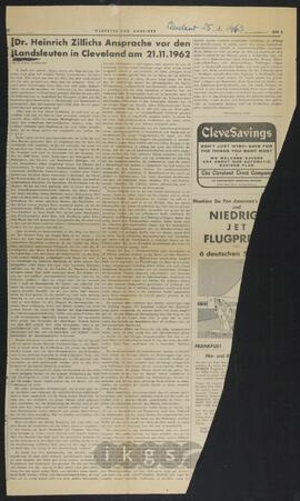 Werke Zillichs als Verfasser: Vorträge und Reden - Dr. Heinrich Zillichs Ansprache vor den Landsleuten in Cleveland am 21.11.1962