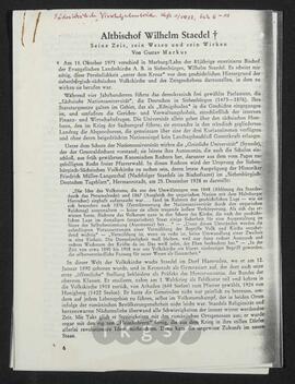 Werke Dritter: Markus, Gustav: Altbischof Wilhelm Staedel †. Seine Zeit, sein Wesen und sein Wirken, in: Südostdeutsche Vierteljahresblätter, 1 (1972)