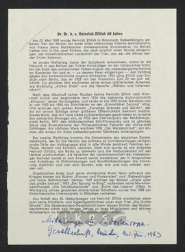 Materialsammlung: Thematische Sammlung zu Geburtstagen von Zillich - 65. Geburtstag