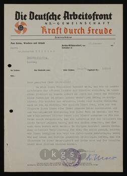 
Korrespondenz mit Moes, Eberhard (Deutsche Arbeitsfront
Kraft durch Freude)
