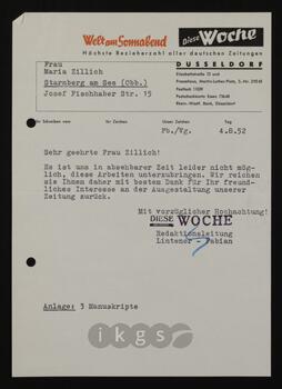 Korrespondenz mit Lintener, N.N. (Diese Woche – „Welt am Sonnabend“ GmbH)