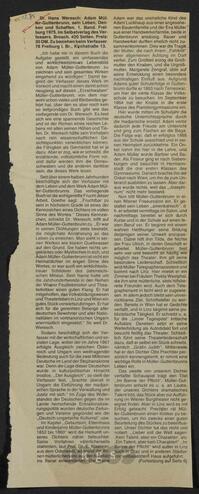 Materialsammlung: Rezensionen zu Werken Dritter von Dritten - Hans Weresch: Adam Müller-Guttenbrunn, sein Leben, Denken und Schaffen. 1 Band