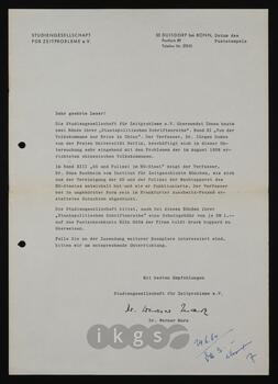Korrespondenz mit Marx, Werner (Studiengesellschaft für Zeitprobleme e.V.)