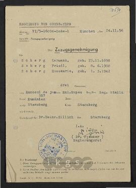 Lebensdokumente: Zuzugsgenehmigungen für Emilie Zillich, Hermann, Friede und Rosemarie Scherg