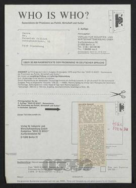 Korrespondenz mit dem Verlag für Industrie- und Wirtschaftswerbung GmbH (Who is Who)