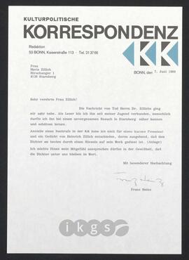Kryptonachlass Maria Zillich: Korrespondenz - Heinz, Franz (Kulturpolitische Korrespondenz)