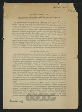 Werke Dritter: Weidlein, Johann: Madjaren, Deutsche und Slawen in Ungarn, in: Geopolitik 1955/8