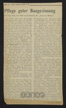 Werke Dritter: Kroner, Michael: Pflege guter Baugesinnung. Ein Vorschlag von 1924 zur Erhaltung des „Grossen Ringes“, in: Karpatenrundschau, 33 (1974) 6