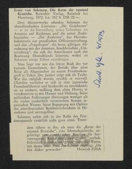 Werke Zillichs als Verfasser: Rezensionen - Die Kette der tausend Kraniche von Ernst von Salomon