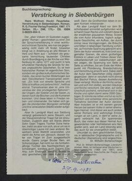 Materialsammlung: Rezensionen zu Werken Dritter von Dritten - Hans Wolfram Hockl: Feuerliebe. Verstrickungen in Siebenbürgen