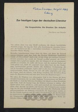 Werke Dritter: Heiseler, Bernt von: Zur heutigen Lage der deutschen Literatur. Die Vorgeschichte. Die Situation. Die Aufgabe, in: Nation Europa (August 1969)